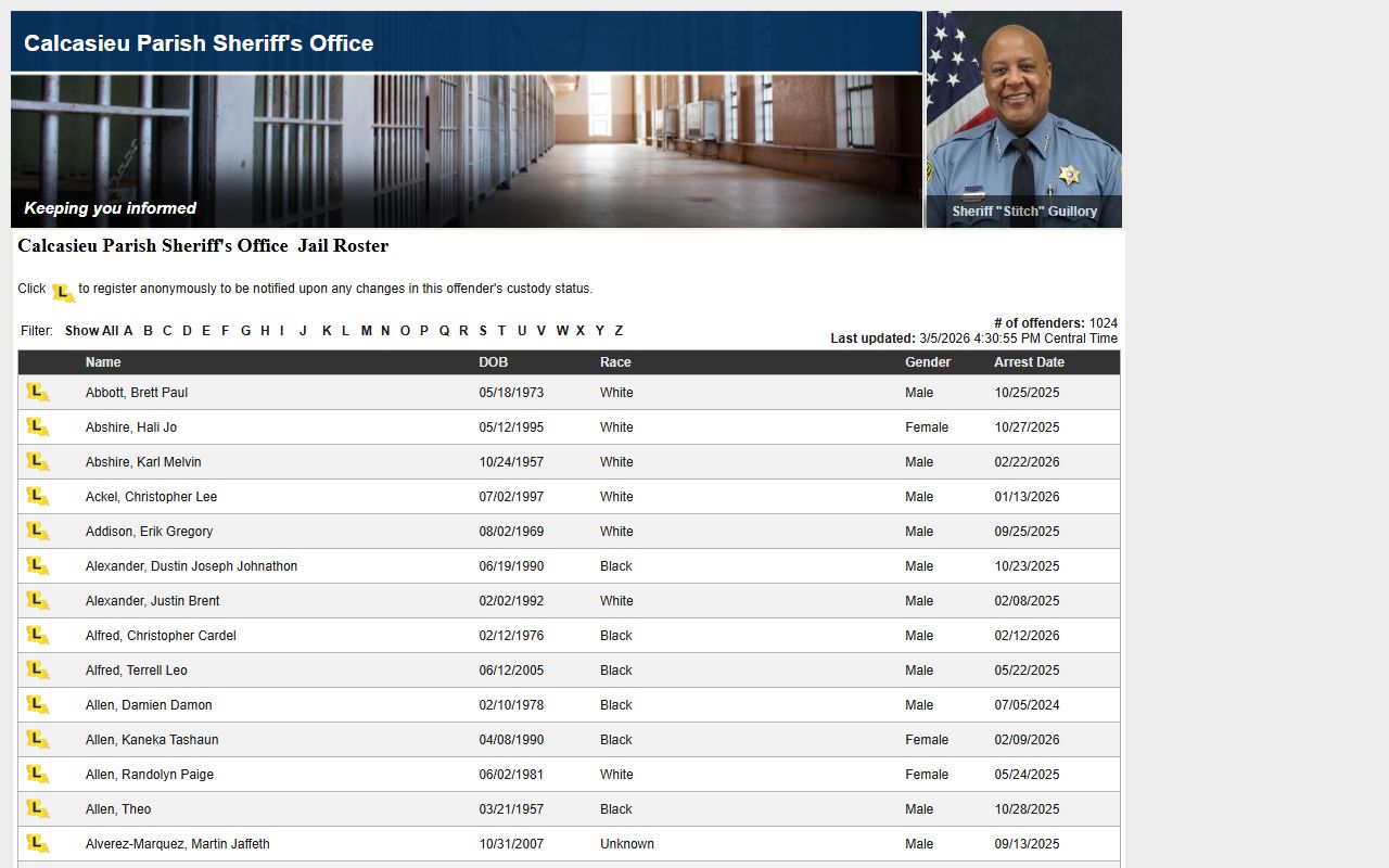 Calcasieu Parish inmate roster portal for Lake Charles jail roster lookups