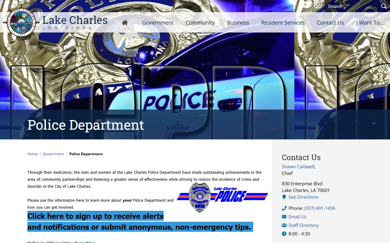 Lake Charles Police Department website for Lake Charles jail roster information