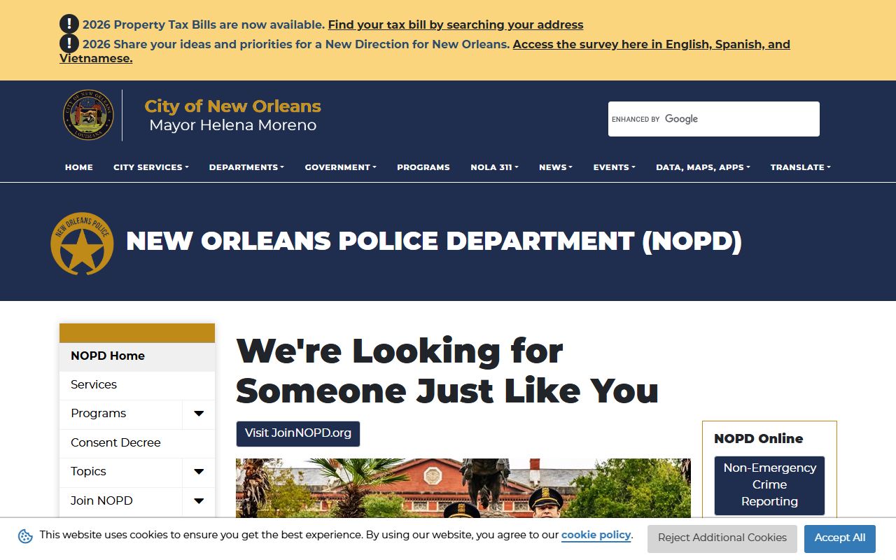 New Orleans Police Department website for New Orleans jail roster information