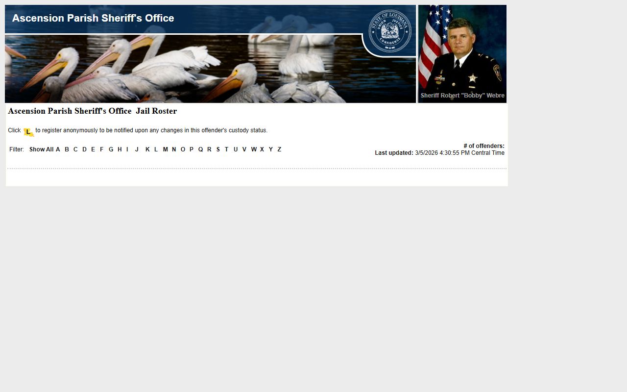 Ascension Parish inmate roster portal for Prairieville jail roster lookups