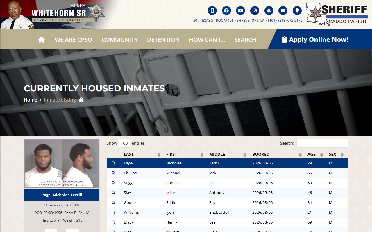 Caddo Parish inmate search portal for Shreveport jail roster lookups