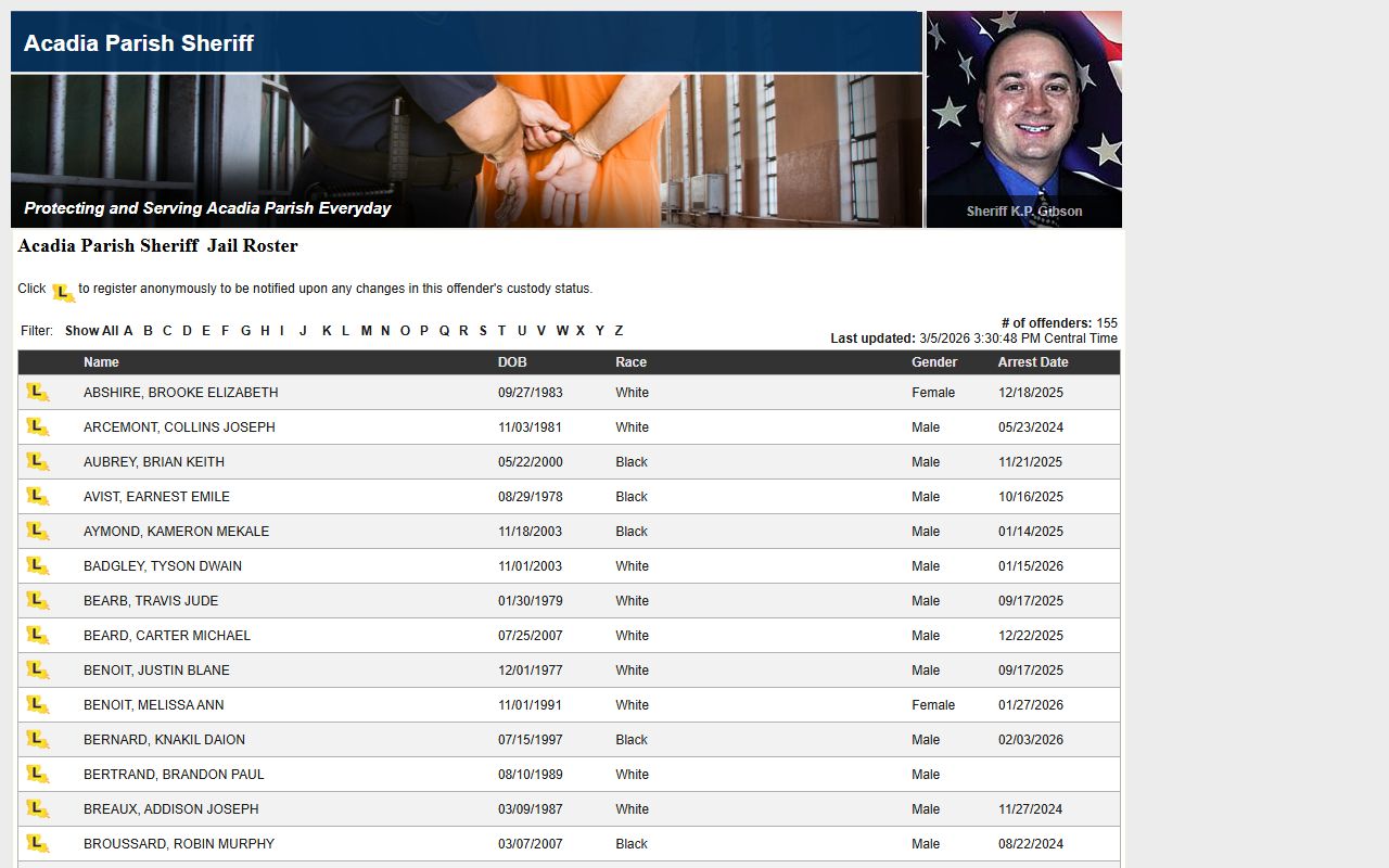 Acadia Parish jail roster on LAVNS inmate search portal