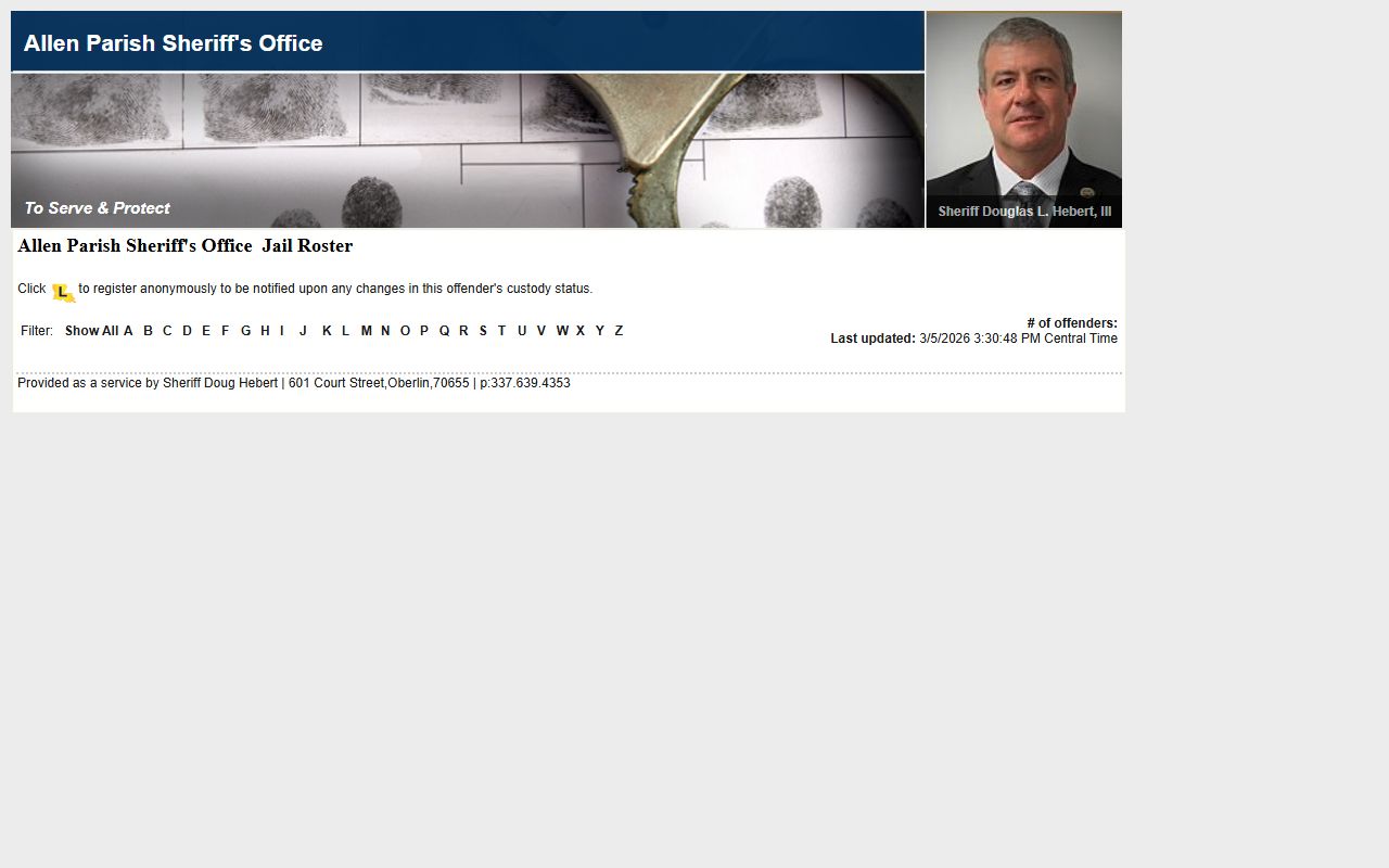Allen Parish jail roster on LAVNS inmate search portal