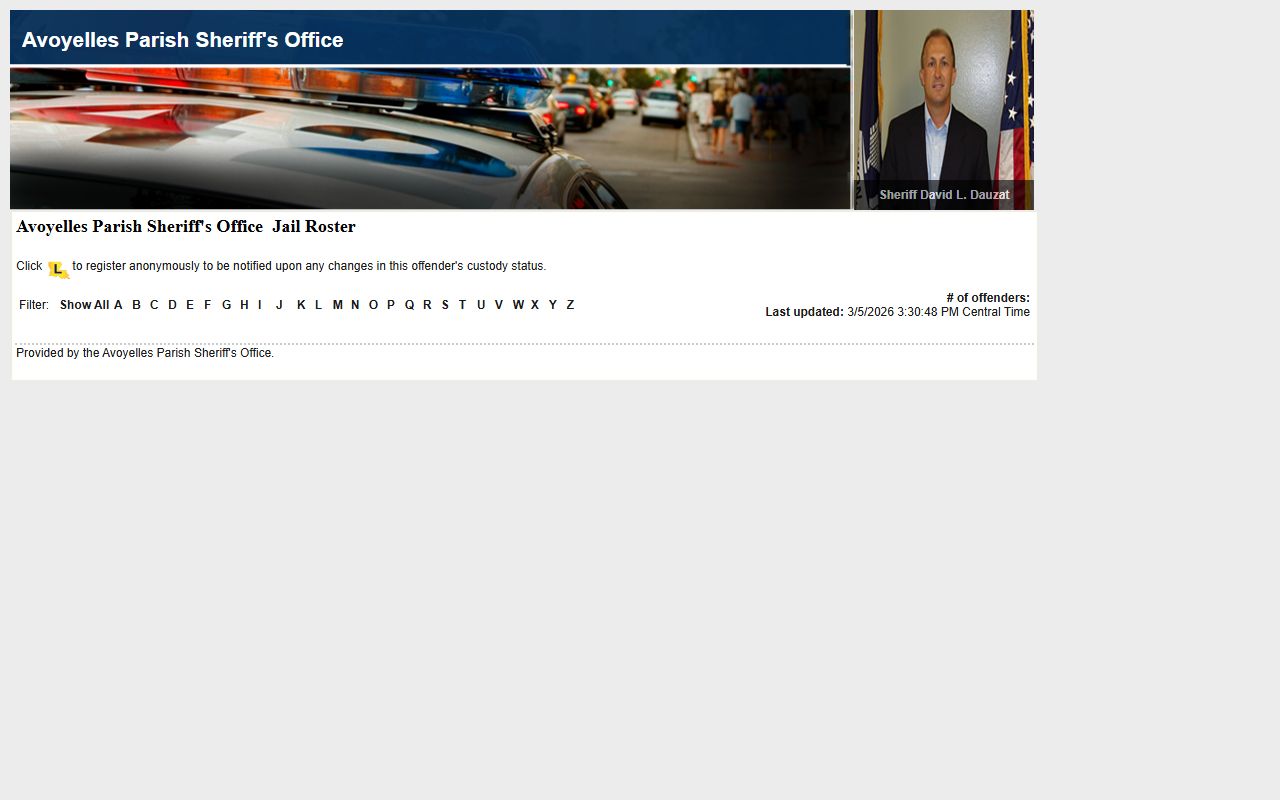 Avoyelles Parish jail roster inmate search page