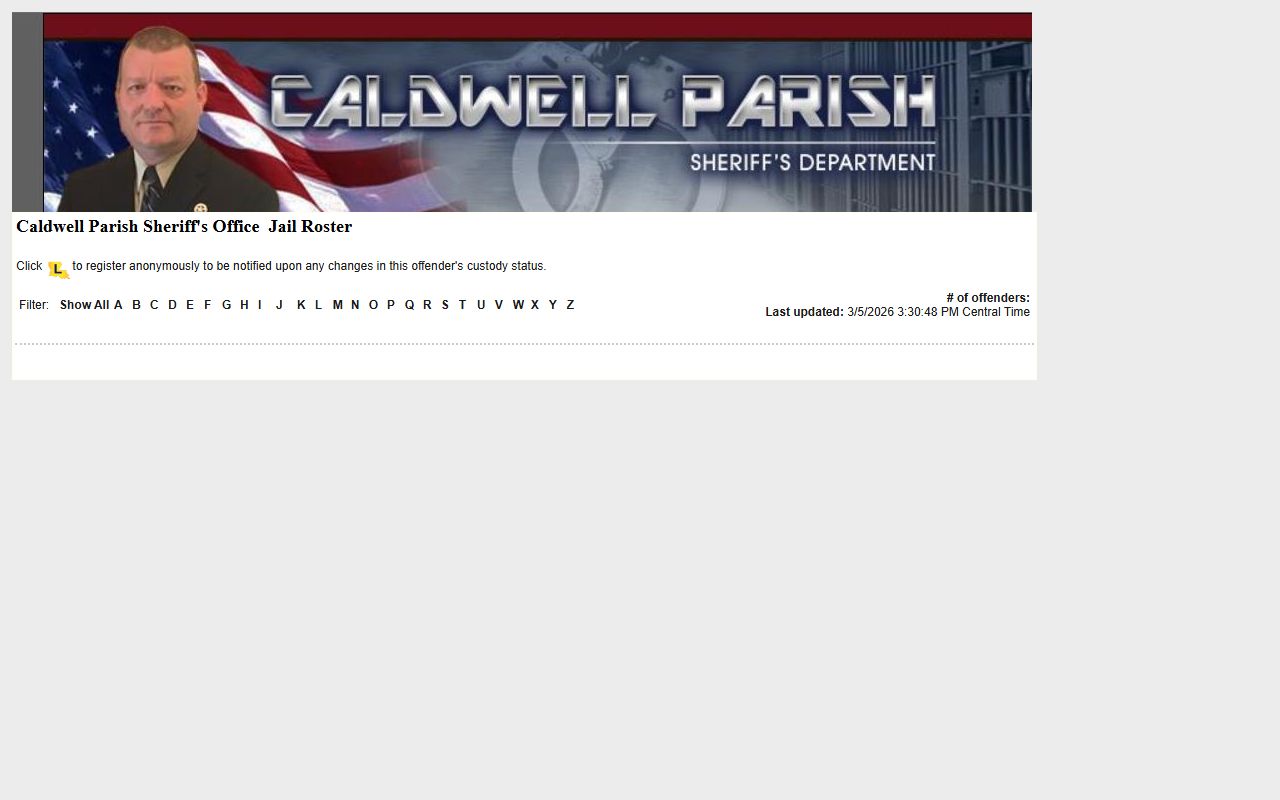 Caldwell Parish inmate roster search page on LAVNS for jail roster