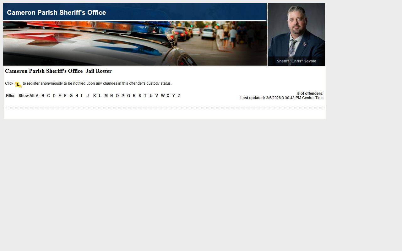 Cameron Parish inmate roster search on LAVNS for jail roster lookup