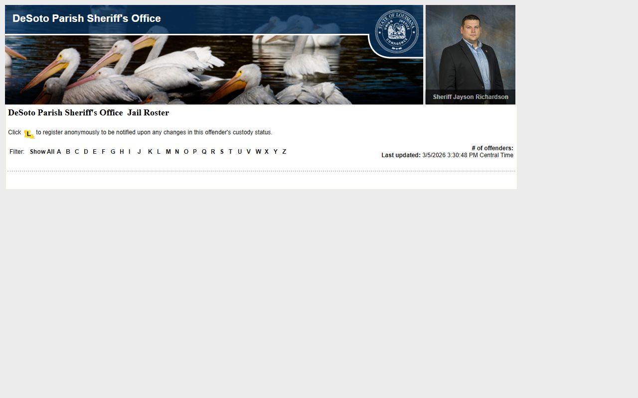 DeSoto Parish jail roster on LAVNS alternative portal