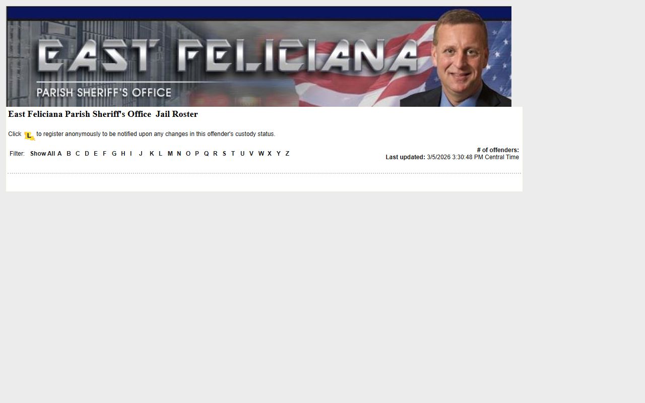 East Feliciana Parish inmate roster search page on LAVNS for jail roster