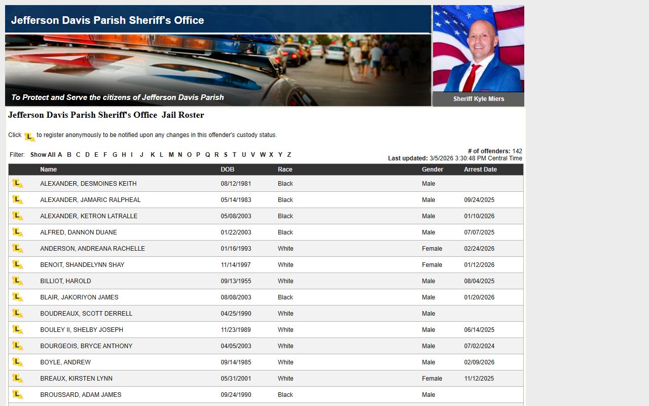 Jefferson Davis Parish jail roster on LAVNS inmate search portal