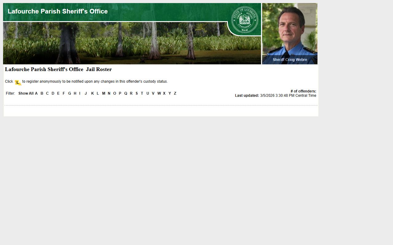 Lafourche Parish jail roster on LAVNS inmate search portal