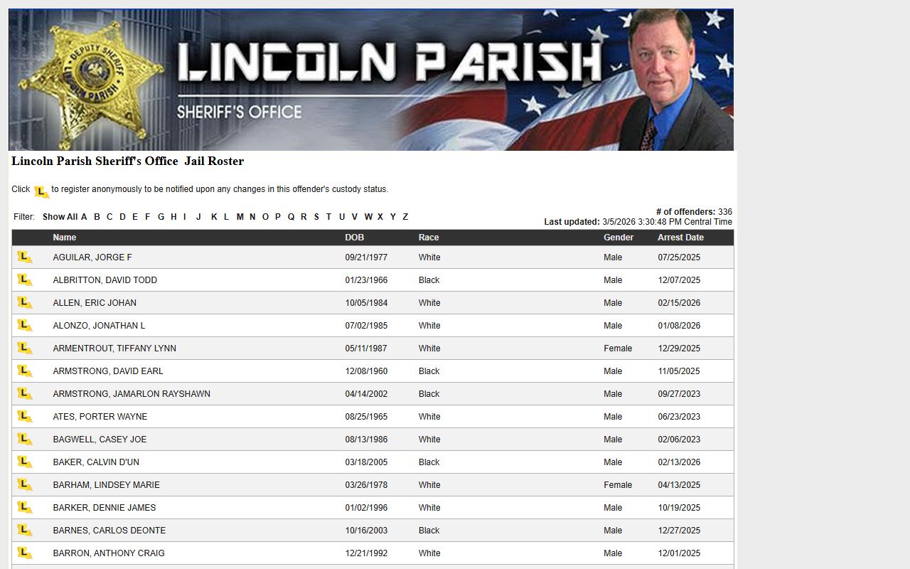Lincoln Parish jail roster on LAVNS inmate search portal