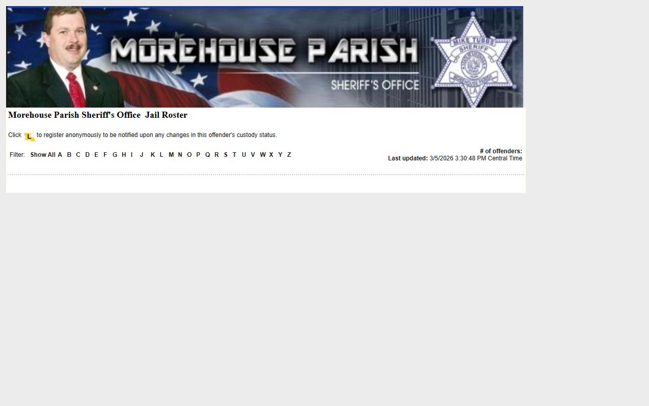 Morehouse Parish jail roster on LAVNS inmate search portal