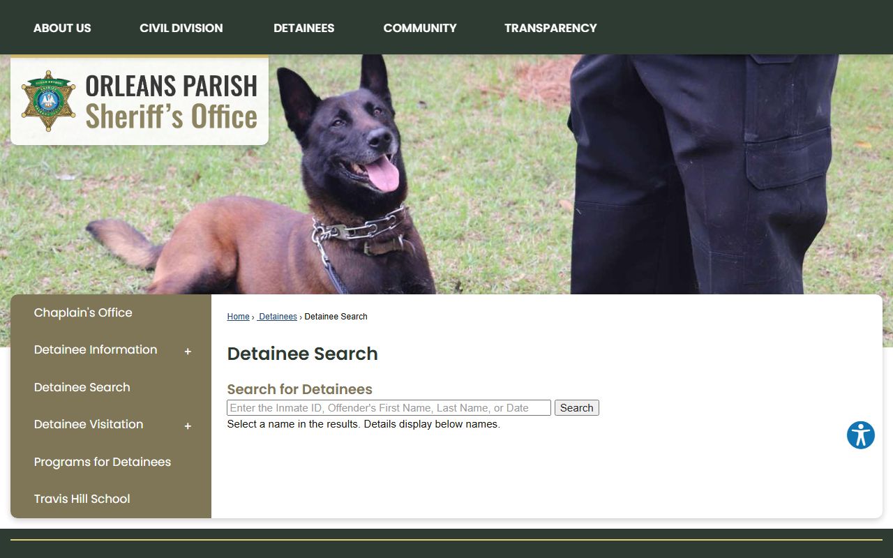 Orleans Parish jail roster detainee search tool on OPSO website