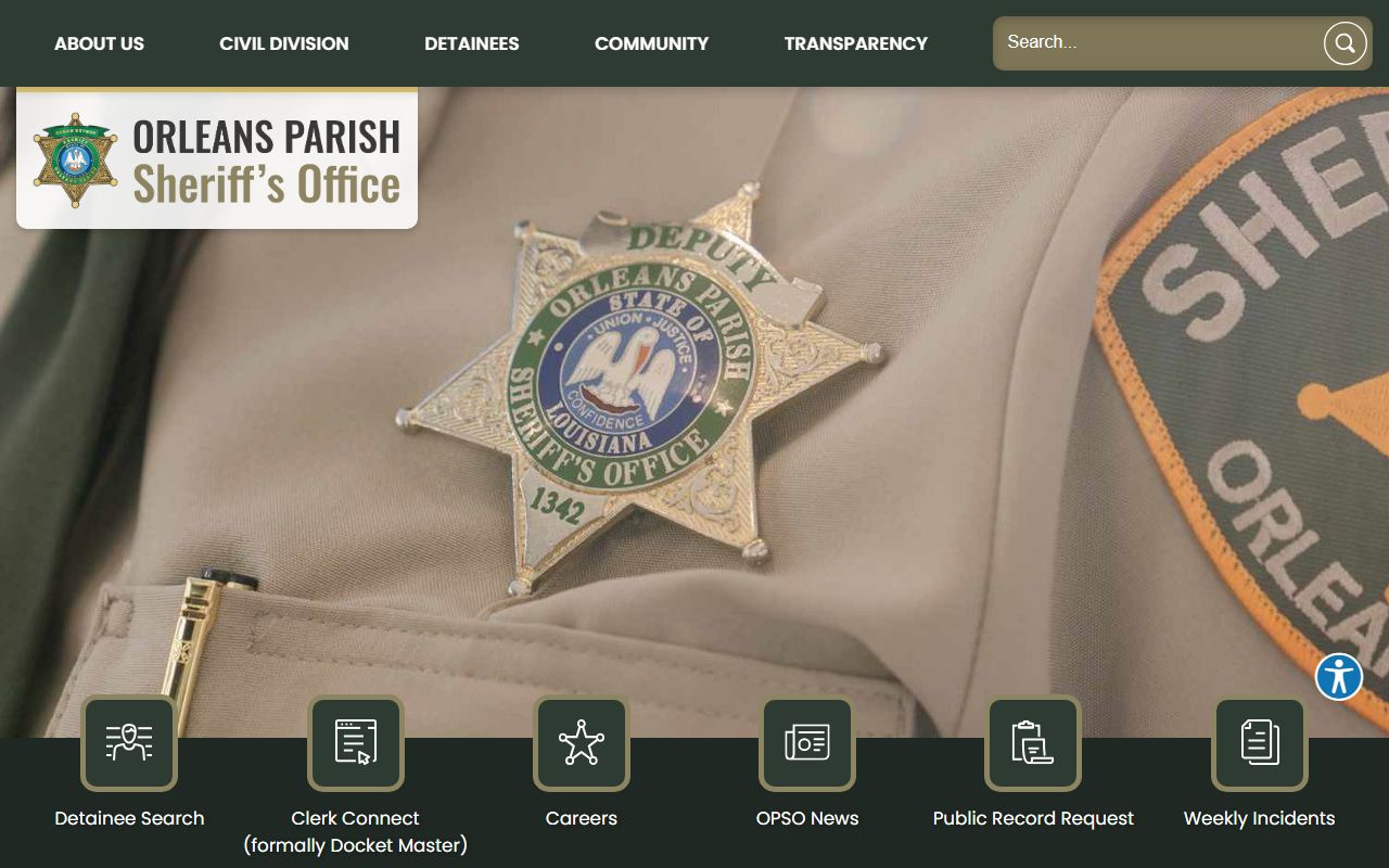 Orleans Parish Sheriff's Office website homepage for jail roster access