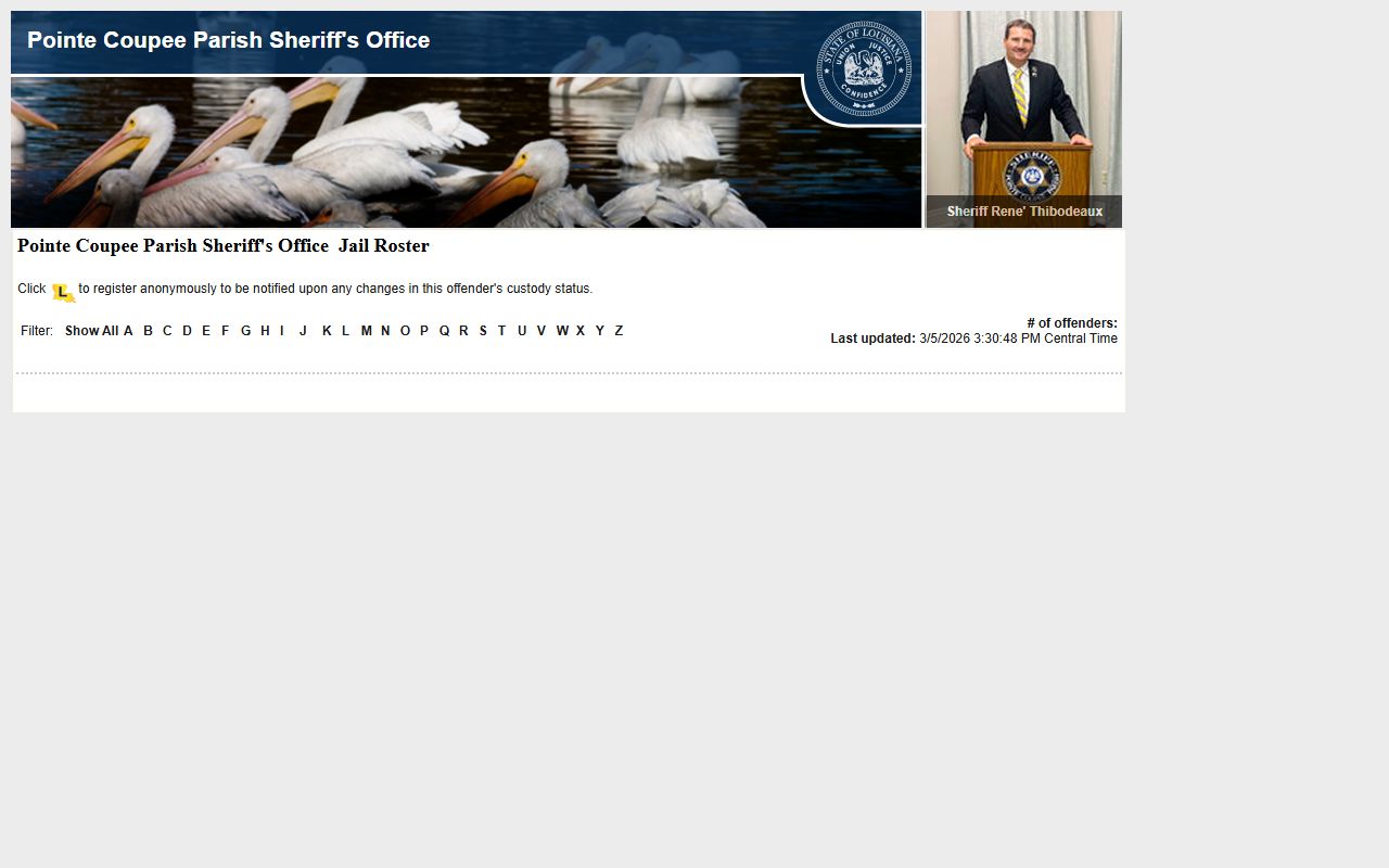 Pointe Coupee Parish jail roster on LAVNS inmate search portal