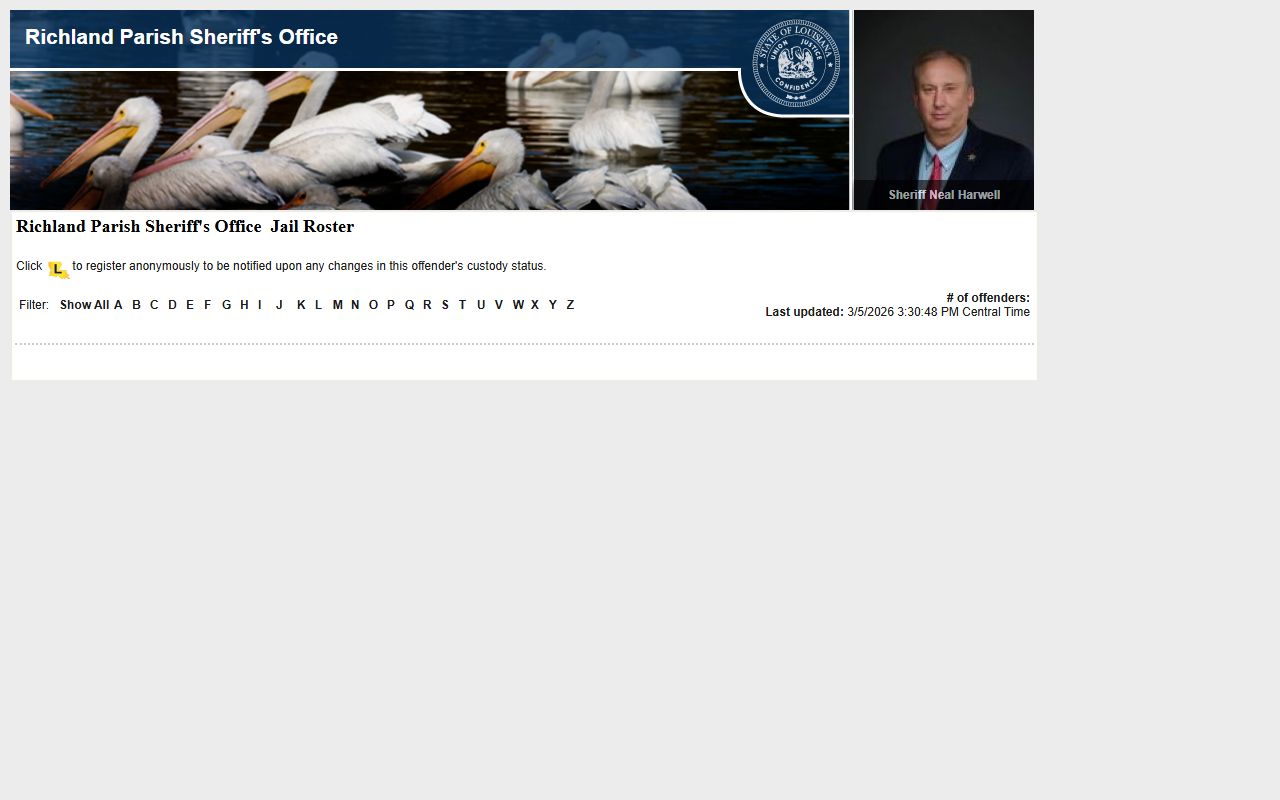 Richland Parish jail roster on LAVNS inmate search portal