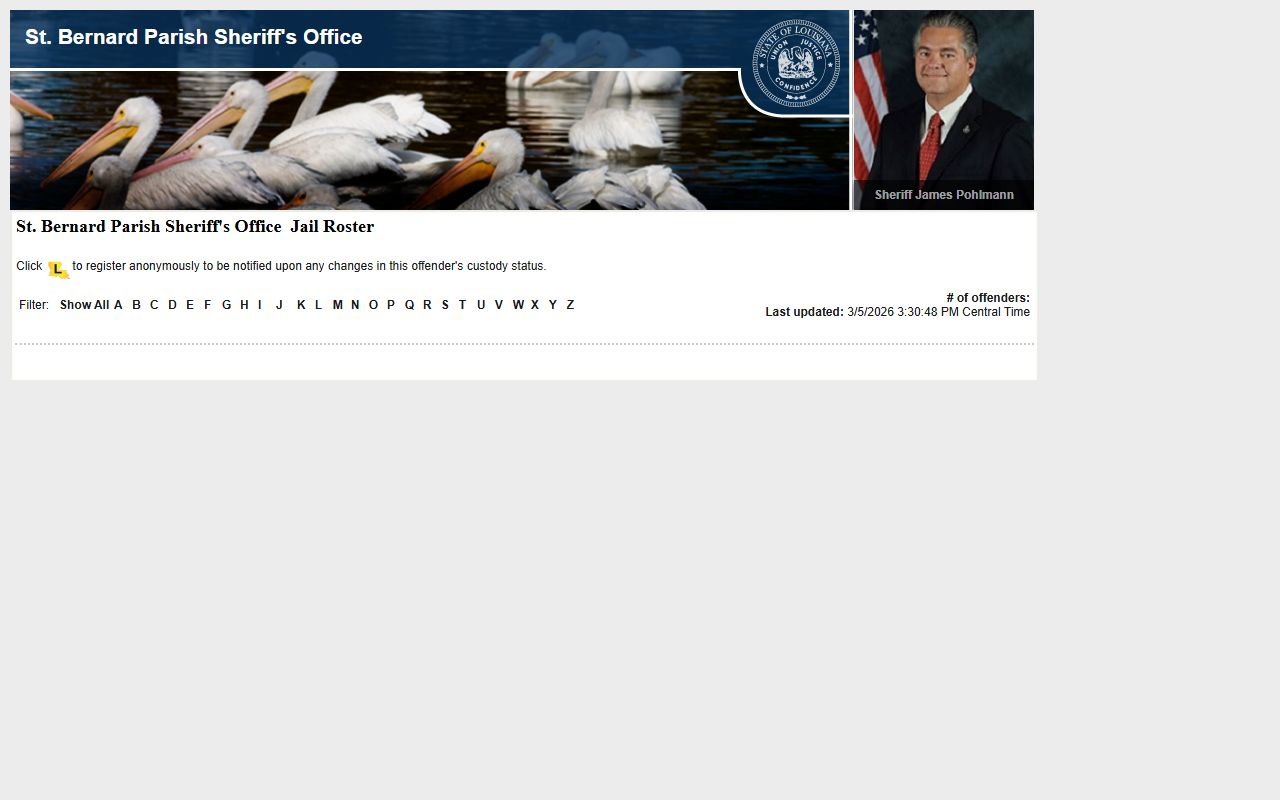 St. Bernard Parish jail roster on LAVNS inmate search portal
