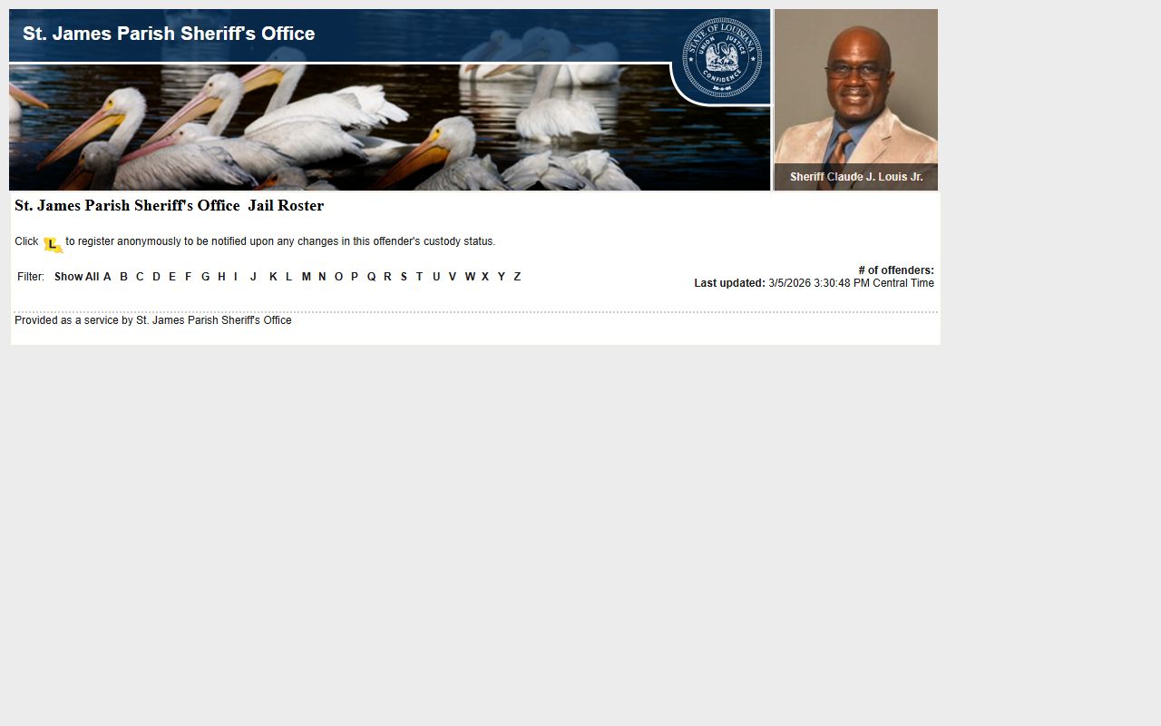 St. James Parish jail roster on LAVNS inmate search portal