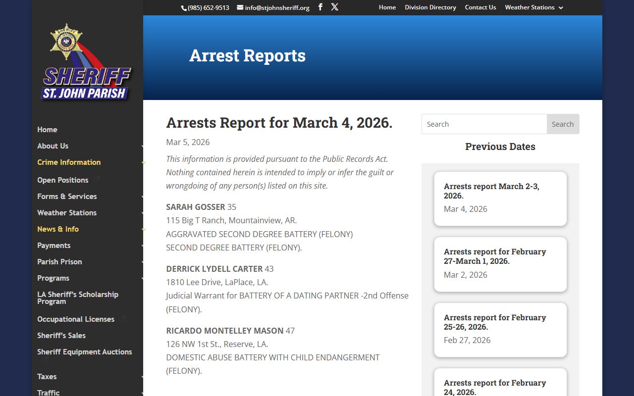 St. John the Baptist Parish arrest reports page