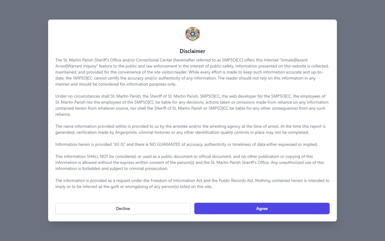 St. Martin Parish jail roster on TBS Web inmate search portal