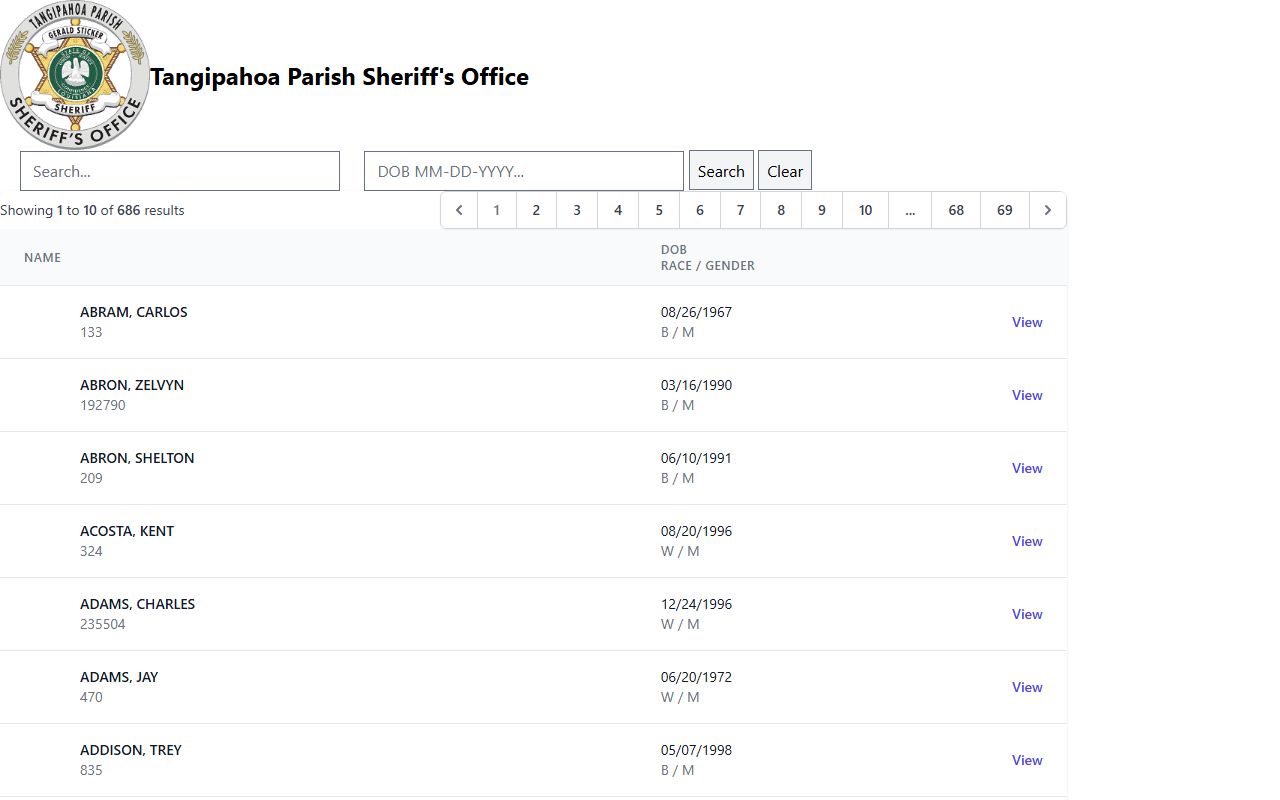 Tangipahoa Parish jail roster on TBS Web inmate roster portal