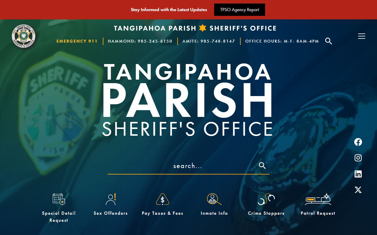 Tangipahoa Parish Sheriff's Office website with jail roster access