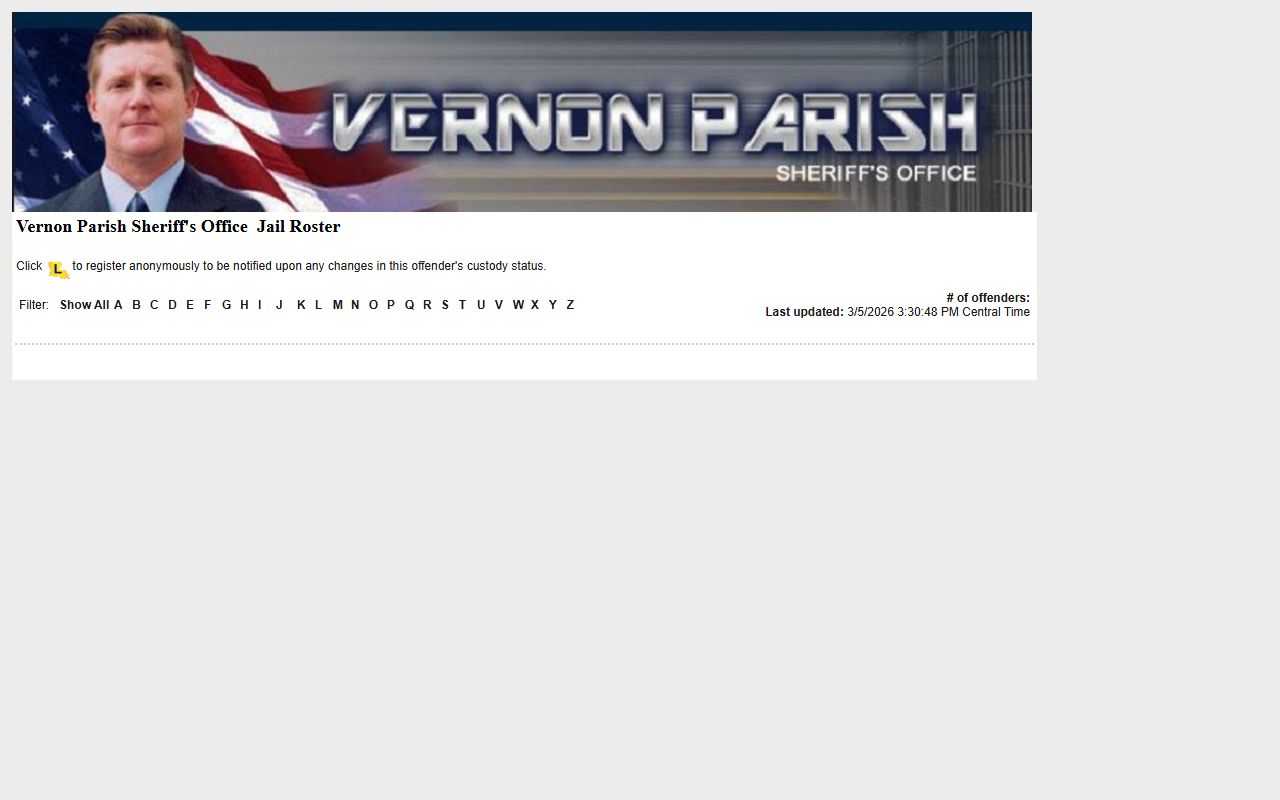 Vernon Parish jail roster on LAVNS inmate search portal