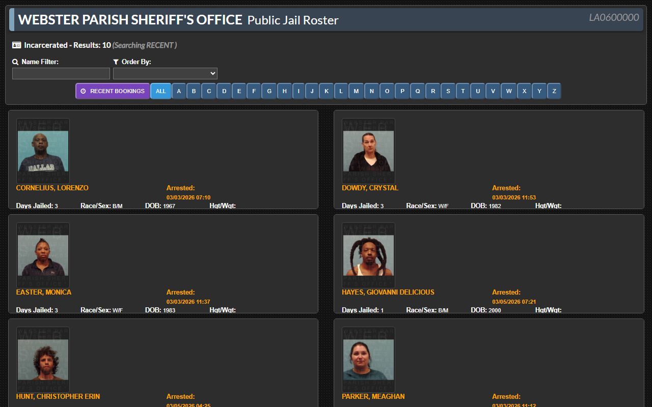 Webster Parish jail roster on Kologik inmate search system