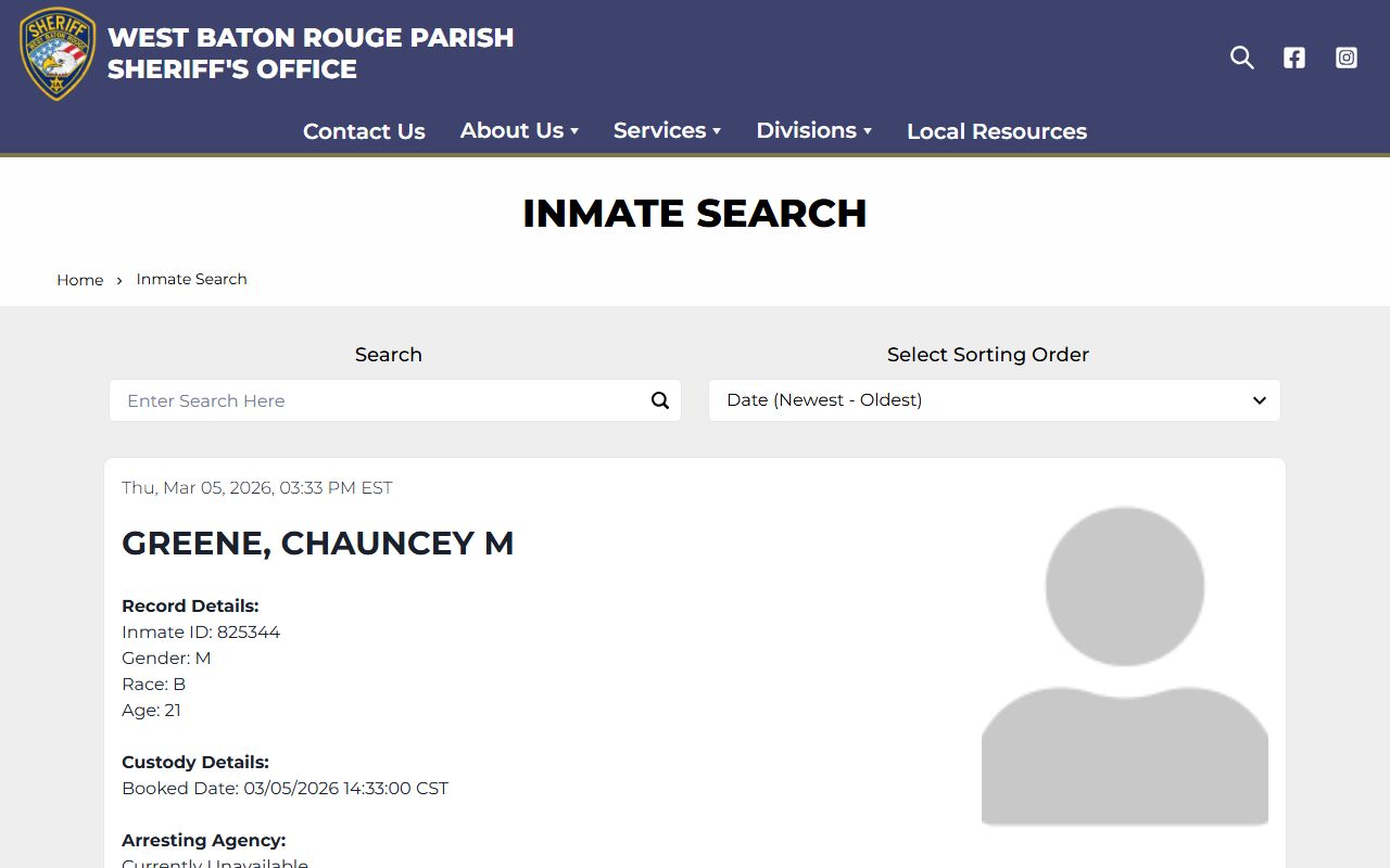 West Baton Rouge Parish jail roster on sheriff's inmate search page