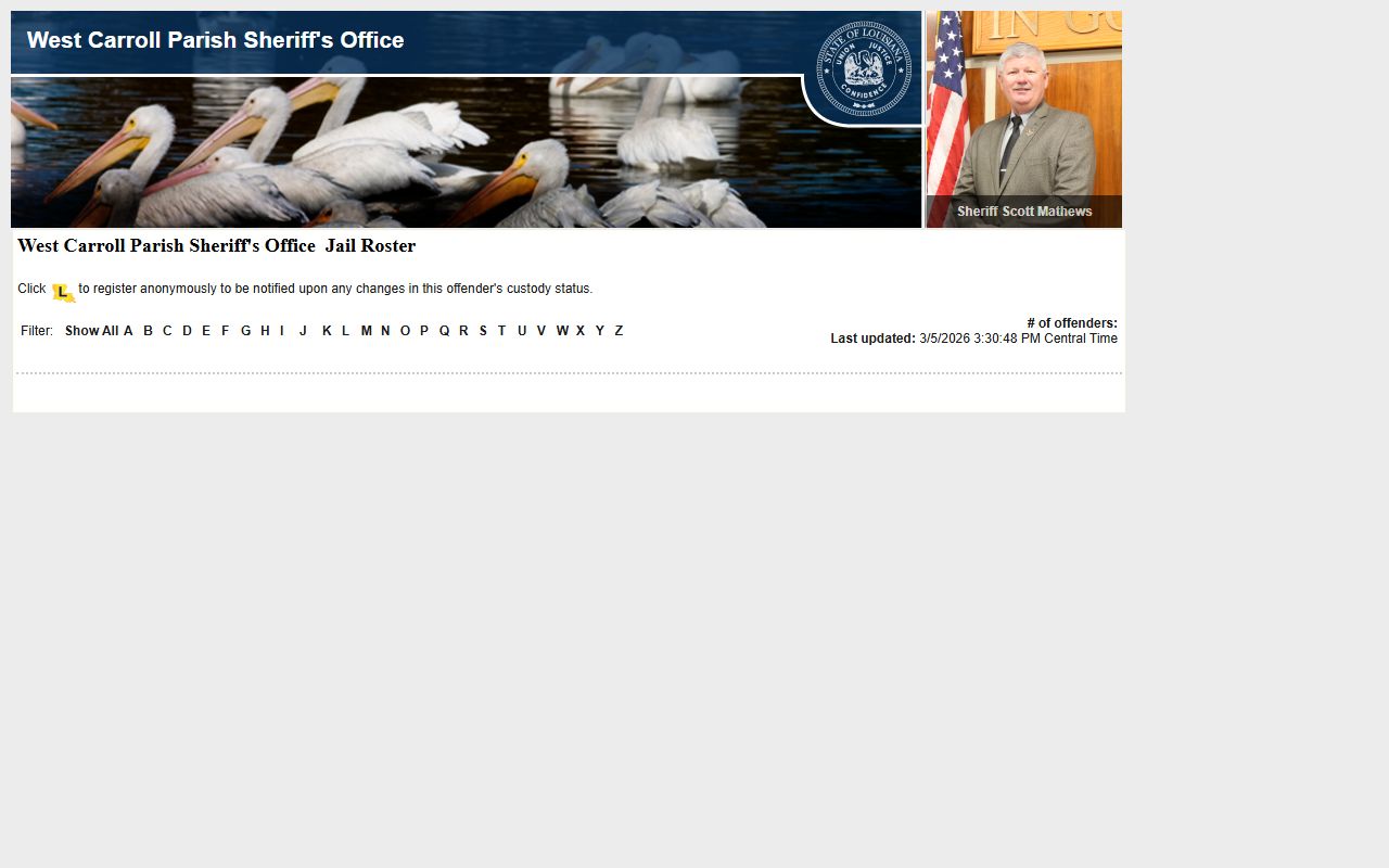 West Carroll Parish jail roster on LAVNS inmate search portal