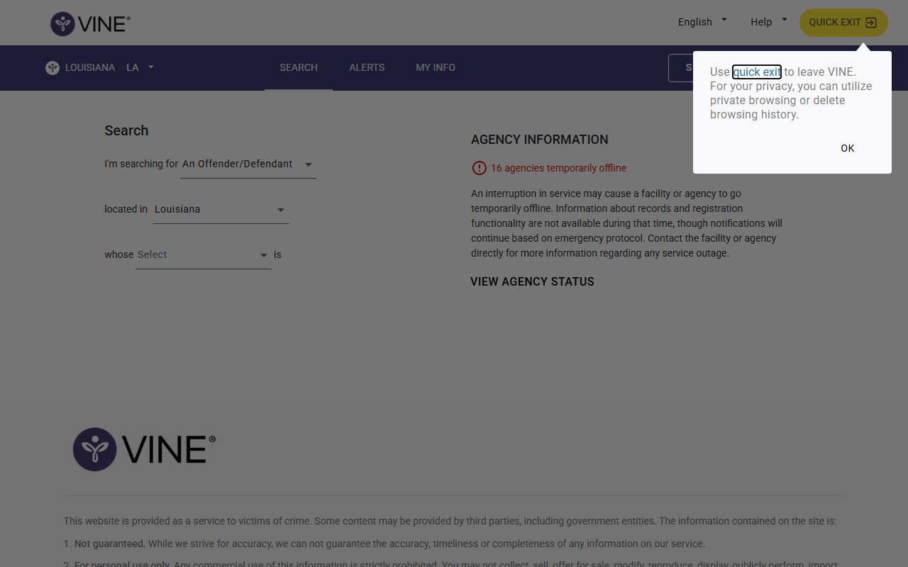 Louisiana VINE portal for jail roster lookups